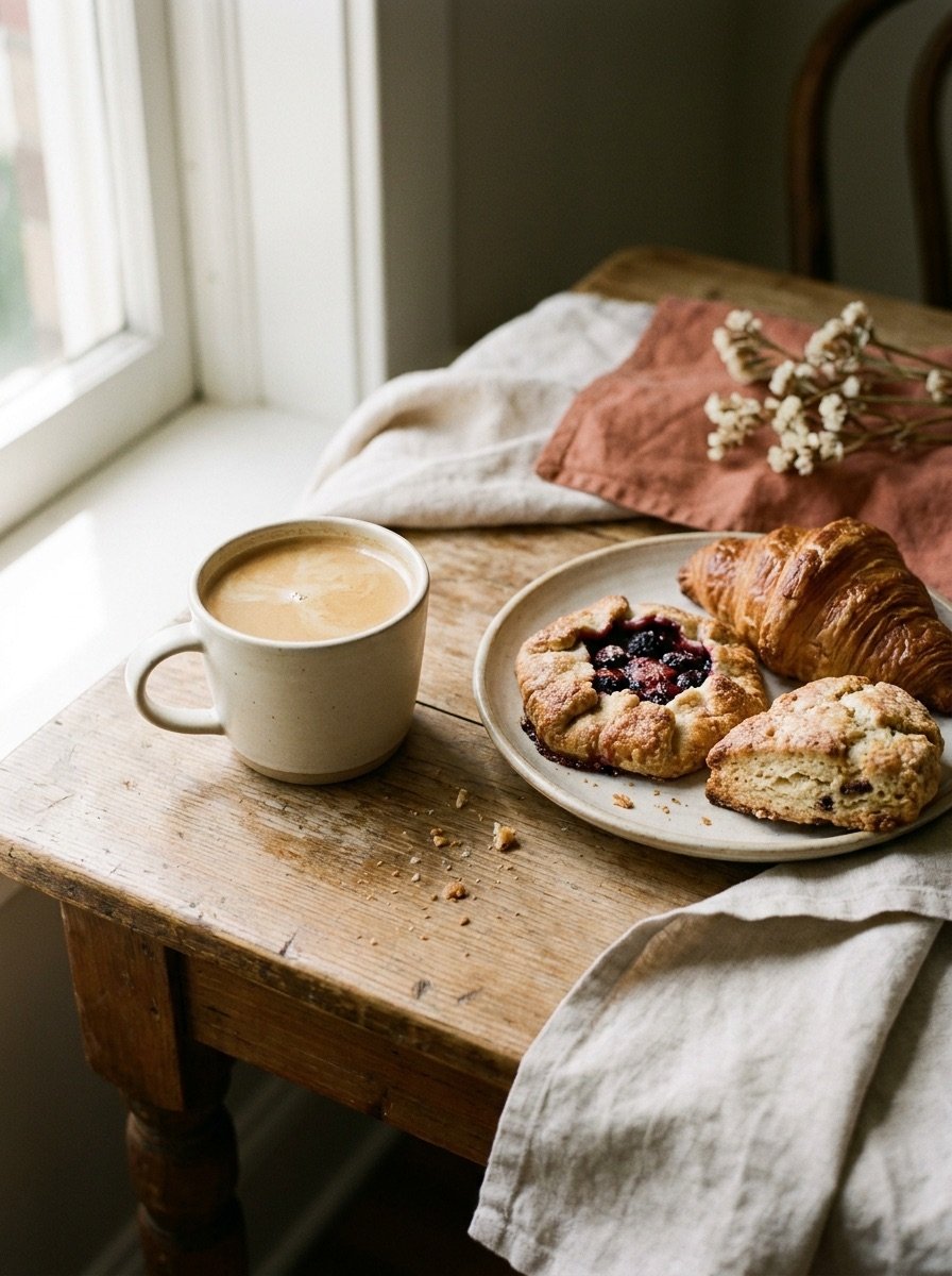 Kaffee und Gebäck am Fenster