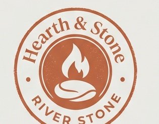 Logo-Entwurf Hearth & Stone: rundes Siegel mit Flamme in Terrakotta